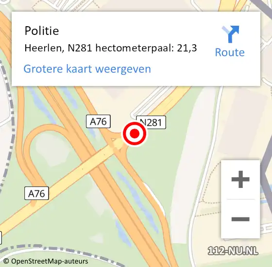 Locatie op kaart van de 112 melding: Politie Heerlen, N281 hectometerpaal: 21,3 op 10 oktober 2022 14:48