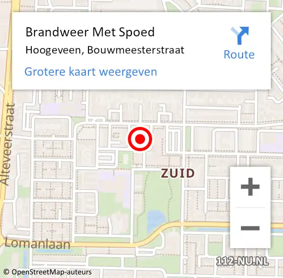 Locatie op kaart van de 112 melding: Brandweer Met Spoed Naar Hoogeveen, Bouwmeesterstraat op 10 oktober 2022 15:19