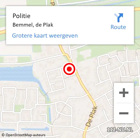 Locatie op kaart van de 112 melding: Politie Bemmel, de Plak op 10 oktober 2022 17:10