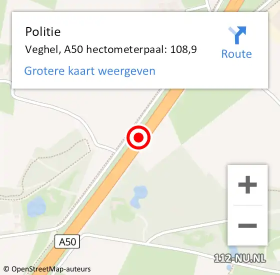Locatie op kaart van de 112 melding: Politie Veghel, A50 hectometerpaal: 108,9 op 10 oktober 2022 18:13