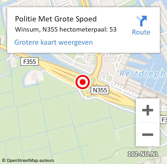 Locatie op kaart van de 112 melding: Politie Met Grote Spoed Naar Winsum, N355 hectometerpaal: 53 op 10 oktober 2022 22:16