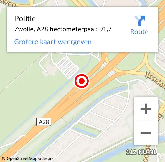 Locatie op kaart van de 112 melding: Politie Zwolle, A28 hectometerpaal: 91,7 op 11 oktober 2022 08:01