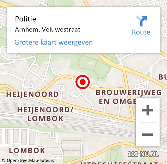 Locatie op kaart van de 112 melding: Politie Arnhem, Veluwestraat op 11 oktober 2022 09:17