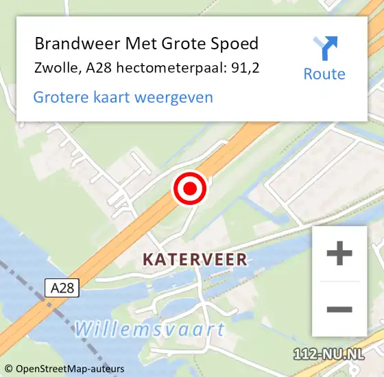Locatie op kaart van de 112 melding: Brandweer Met Grote Spoed Naar Zwolle, A28 hectometerpaal: 91,2 op 11 oktober 2022 15:05