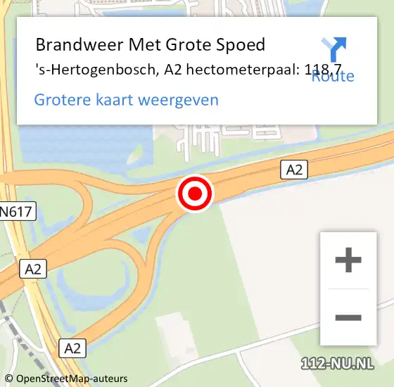 Locatie op kaart van de 112 melding: Brandweer Met Grote Spoed Naar 's-Hertogenbosch, A2 hectometerpaal: 118,7 op 11 oktober 2022 16:24