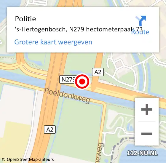 Locatie op kaart van de 112 melding: Politie 's-Hertogenbosch, N279 hectometerpaal: 73 op 11 oktober 2022 17:19