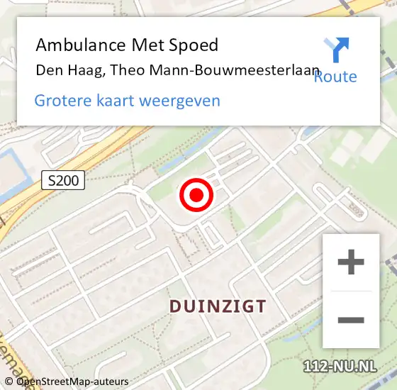 Locatie op kaart van de 112 melding: Ambulance Met Spoed Naar Den Haag, Theo Mann-Bouwmeesterlaan op 11 oktober 2022 20:57