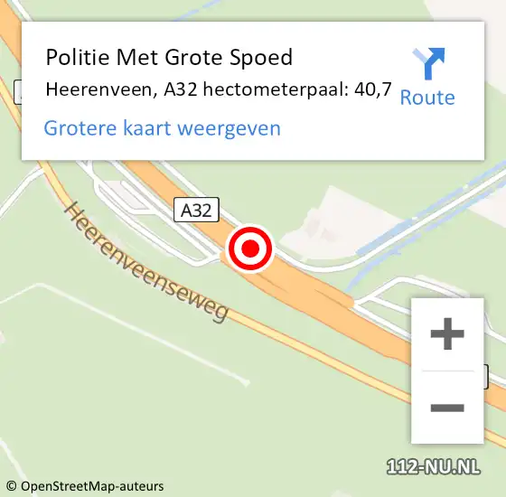 Locatie op kaart van de 112 melding: Politie Met Grote Spoed Naar Heerenveen, A32 hectometerpaal: 40,7 op 11 oktober 2022 22:49