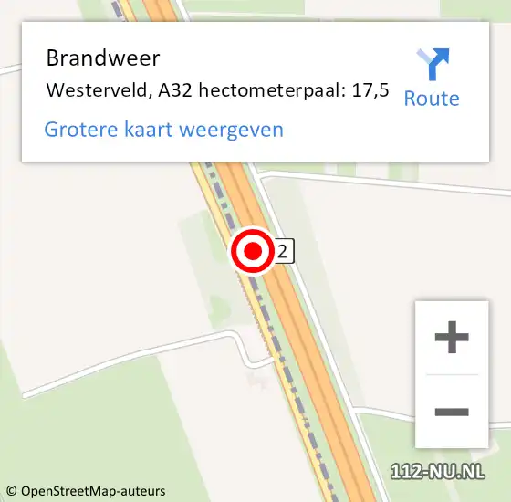 Locatie op kaart van de 112 melding: Brandweer Westerveld, A32 hectometerpaal: 17,5 op 11 oktober 2022 23:06
