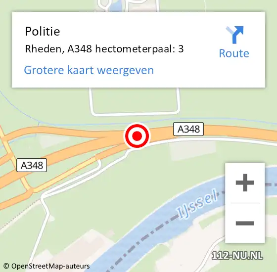 Locatie op kaart van de 112 melding: Politie Rheden, A348 hectometerpaal: 3 op 12 oktober 2022 11:30