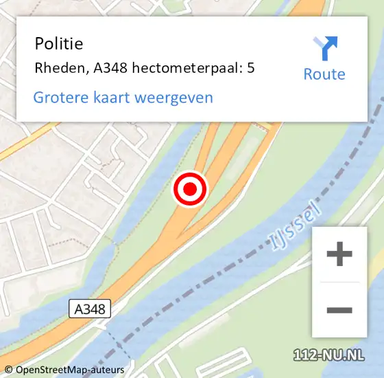Locatie op kaart van de 112 melding: Politie Rheden, A348 hectometerpaal: 5 op 12 oktober 2022 14:20