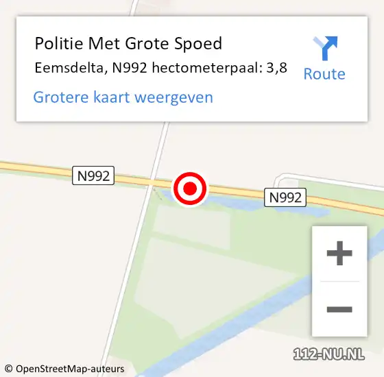 Locatie op kaart van de 112 melding: Politie Met Grote Spoed Naar Eemsdelta, N992 hectometerpaal: 3,8 op 12 oktober 2022 16:20