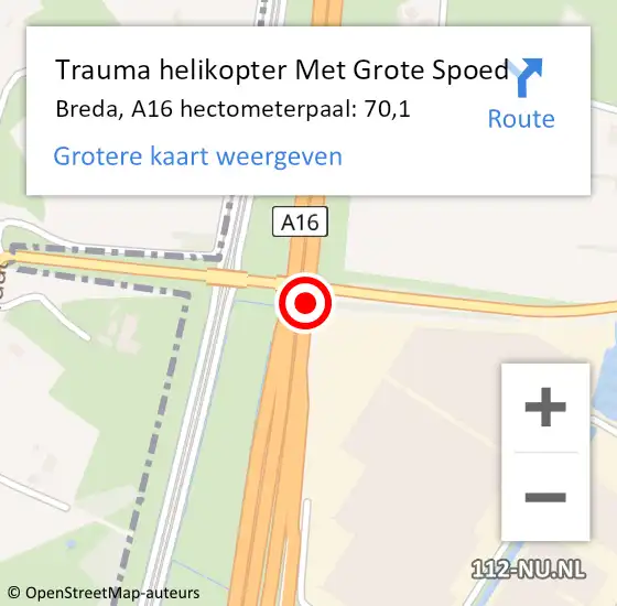 Locatie op kaart van de 112 melding: Trauma helikopter Met Grote Spoed Naar Breda, A16 hectometerpaal: 70,1 op 12 oktober 2022 23:43