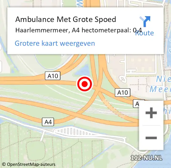 Locatie op kaart van de 112 melding: Ambulance Met Grote Spoed Naar Haarlemmermeer, A4 hectometerpaal: 0,4 op 13 oktober 2022 07:49