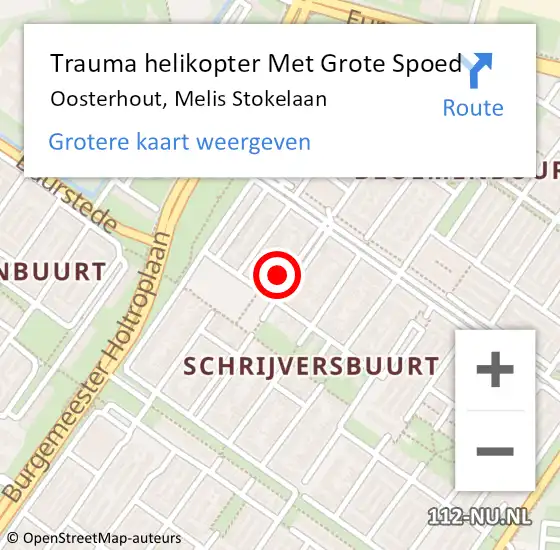 Locatie op kaart van de 112 melding: Trauma helikopter Met Grote Spoed Naar Oosterhout, Melis Stokelaan op 13 oktober 2022 09:34