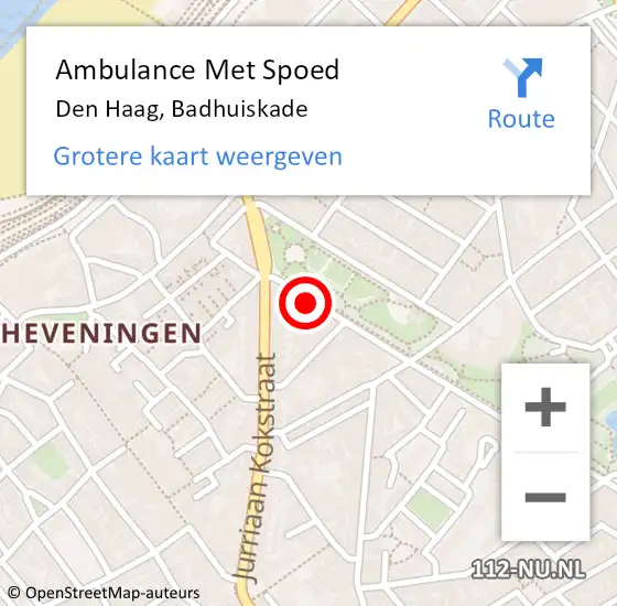 Locatie op kaart van de 112 melding: Ambulance Met Spoed Naar Den Haag, Badhuiskade op 13 oktober 2022 13:54