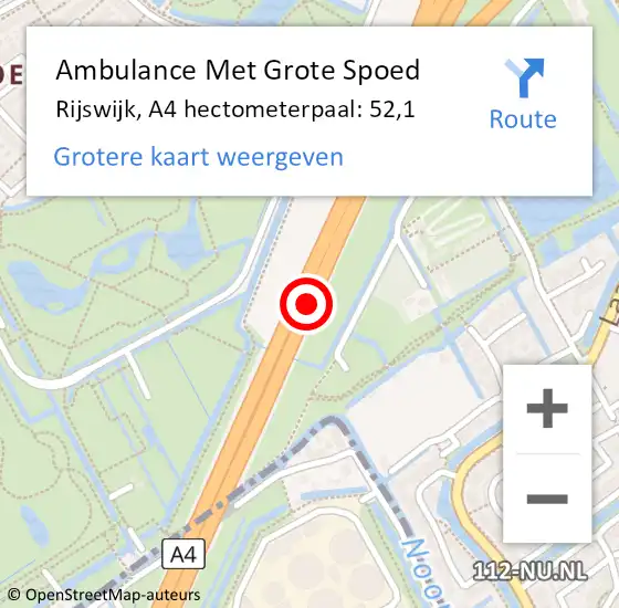 Locatie op kaart van de 112 melding: Ambulance Met Grote Spoed Naar Rijswijk, A4 hectometerpaal: 52,1 op 13 oktober 2022 14:52