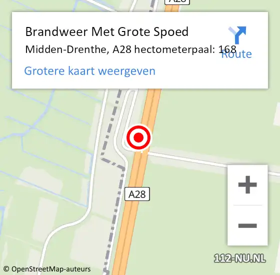 Locatie op kaart van de 112 melding: Brandweer Met Grote Spoed Naar Midden-Drenthe, A28 hectometerpaal: 168 op 13 oktober 2022 16:48