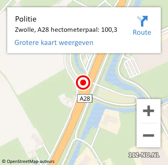 Locatie op kaart van de 112 melding: Politie Zwolle, A28 hectometerpaal: 100,3 op 13 oktober 2022 16:50