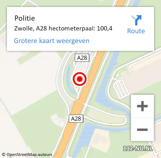 Locatie op kaart van de 112 melding: Politie Zwolle, A28 hectometerpaal: 100,4 op 13 oktober 2022 16:51