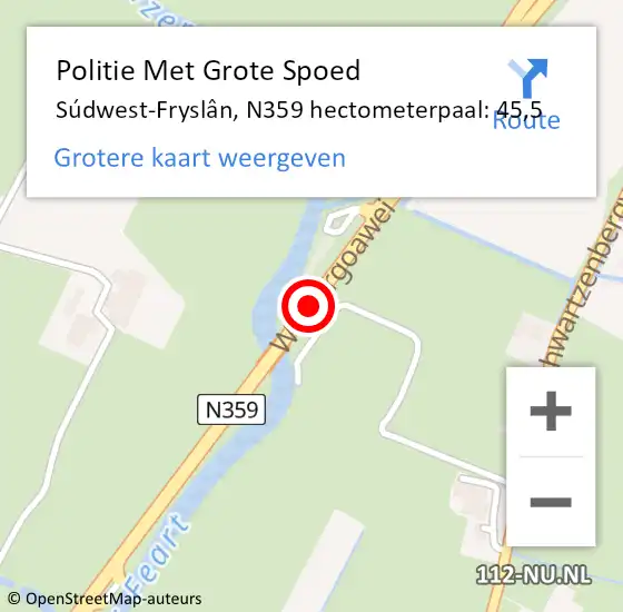 Locatie op kaart van de 112 melding: Politie Met Grote Spoed Naar Súdwest-Fryslân, N359 hectometerpaal: 45,5 op 13 oktober 2022 21:04
