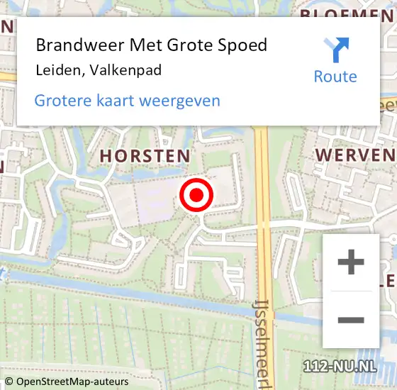 Locatie op kaart van de 112 melding: Brandweer Met Grote Spoed Naar Leiden, Valkenpad op 14 oktober 2022 04:25
