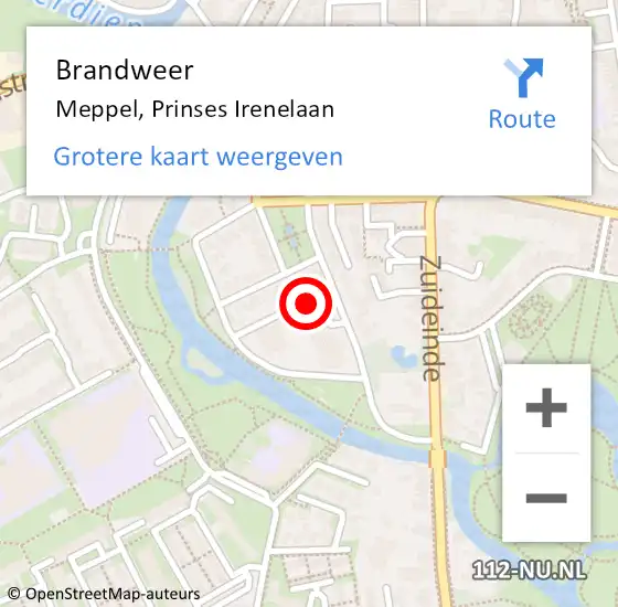 Locatie op kaart van de 112 melding: Brandweer Meppel, Prinses Irenelaan op 14 oktober 2022 09:43