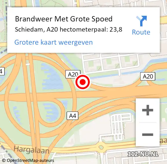 Locatie op kaart van de 112 melding: Brandweer Met Grote Spoed Naar Schiedam, A20 hectometerpaal: 23,8 op 14 oktober 2022 11:24