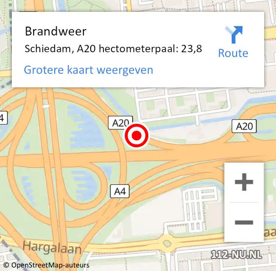 Locatie op kaart van de 112 melding: Brandweer Schiedam, A20 hectometerpaal: 23,8 op 14 oktober 2022 11:25