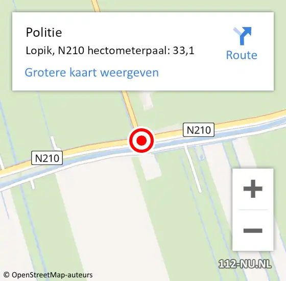 Locatie op kaart van de 112 melding: Politie Lopik, N210 hectometerpaal: 33,1 op 14 oktober 2022 11:36