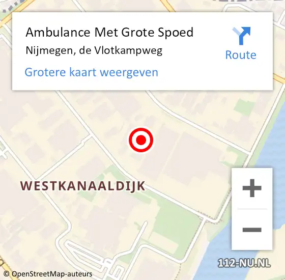 Locatie op kaart van de 112 melding: Ambulance Met Grote Spoed Naar Nijmegen, de Vlotkampweg op 14 oktober 2022 13:39