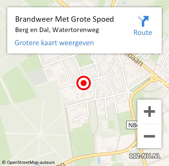 Locatie op kaart van de 112 melding: Brandweer Met Grote Spoed Naar Berg en Dal, Watertorenweg op 14 oktober 2022 14:28