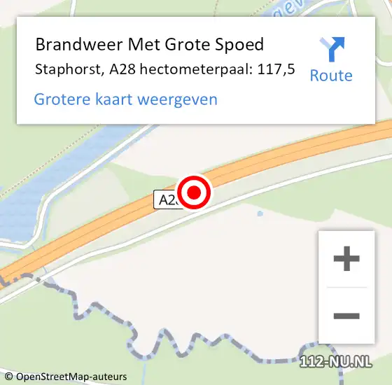Locatie op kaart van de 112 melding: Brandweer Met Grote Spoed Naar Staphorst, A28 hectometerpaal: 117,5 op 14 oktober 2022 15:14