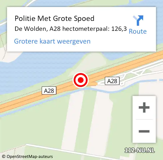 Locatie op kaart van de 112 melding: Politie Met Grote Spoed Naar De Wolden, A28 hectometerpaal: 126,3 op 14 oktober 2022 16:58