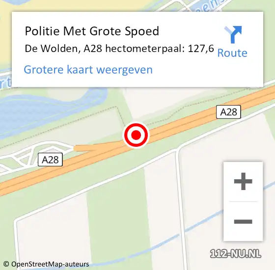 Locatie op kaart van de 112 melding: Politie Met Grote Spoed Naar De Wolden, A28 hectometerpaal: 127,6 op 14 oktober 2022 18:12
