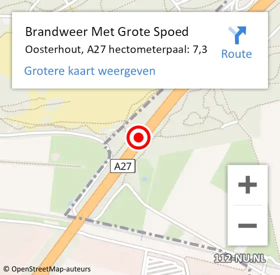 Locatie op kaart van de 112 melding: Brandweer Met Grote Spoed Naar Oosterhout, A27 hectometerpaal: 7,3 op 14 oktober 2022 19:25