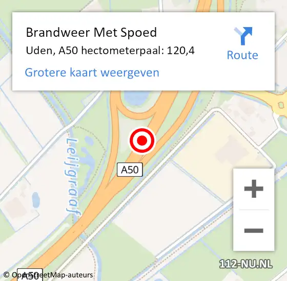 Locatie op kaart van de 112 melding: Brandweer Met Spoed Naar Uden, A50 hectometerpaal: 120,4 op 15 oktober 2022 04:22