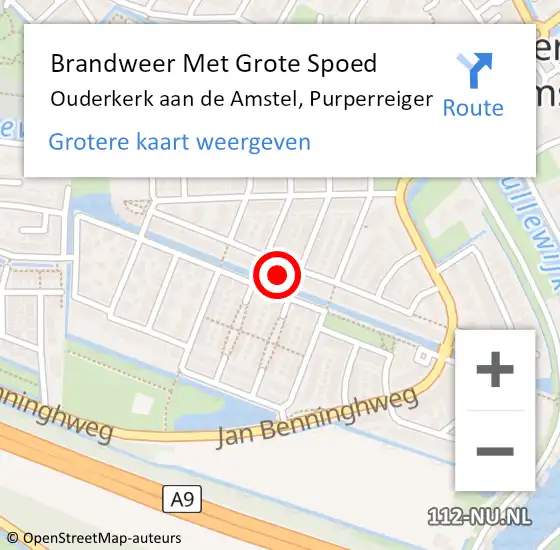 Locatie op kaart van de 112 melding: Brandweer Met Grote Spoed Naar Ouderkerk aan de Amstel, Purperreiger op 15 oktober 2022 05:08