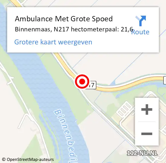 Locatie op kaart van de 112 melding: Ambulance Met Grote Spoed Naar Binnenmaas, N217 hectometerpaal: 21,6 op 15 oktober 2022 07:39