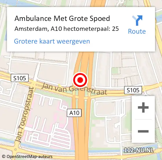Locatie op kaart van de 112 melding: Ambulance Met Grote Spoed Naar Amsterdam, A10 hectometerpaal: 25 op 15 oktober 2022 09:34