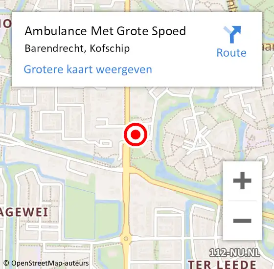 Locatie op kaart van de 112 melding: Ambulance Met Grote Spoed Naar Barendrecht, Kofschip op 15 oktober 2022 09:47