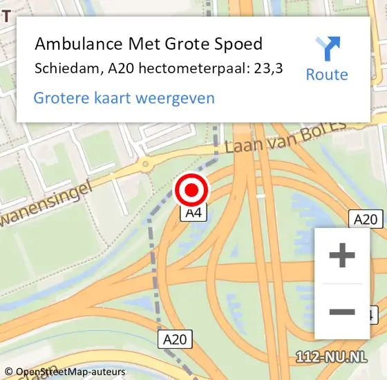 Locatie op kaart van de 112 melding: Ambulance Met Grote Spoed Naar Schiedam, A20 hectometerpaal: 23,3 op 15 oktober 2022 12:34