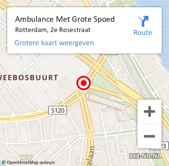 Locatie op kaart van de 112 melding: Ambulance Met Grote Spoed Naar Rotterdam, 2e Rosestraat op 1 augustus 2014 15:51