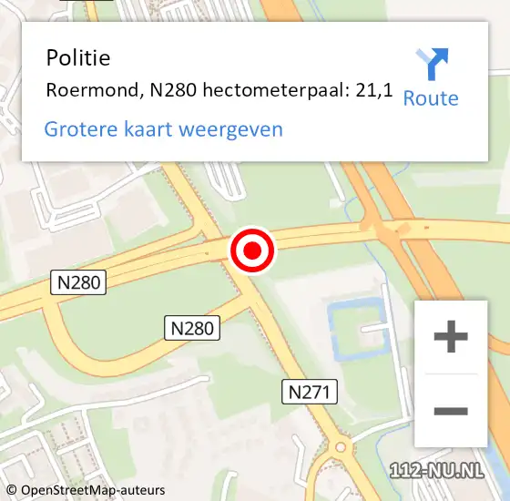 Locatie op kaart van de 112 melding: Politie Roermond, N280 hectometerpaal: 21,1 op 15 oktober 2022 16:52