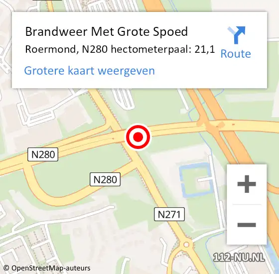 Locatie op kaart van de 112 melding: Brandweer Met Grote Spoed Naar Roermond, N280 hectometerpaal: 21,1 op 15 oktober 2022 16:53