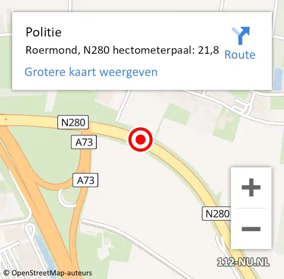 Locatie op kaart van de 112 melding: Politie Roermond, N280 hectometerpaal: 21,8 op 15 oktober 2022 16:55