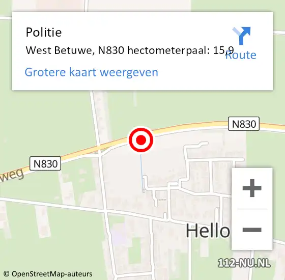 Locatie op kaart van de 112 melding: Politie West Betuwe, N830 hectometerpaal: 15,9 op 16 oktober 2022 03:53