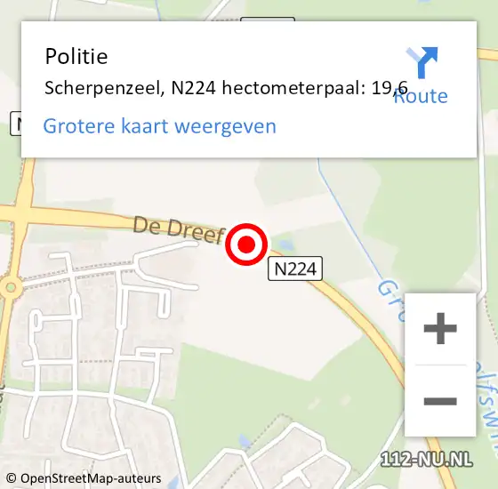 Locatie op kaart van de 112 melding: Politie Scherpenzeel, N224 hectometerpaal: 19,6 op 16 oktober 2022 05:09