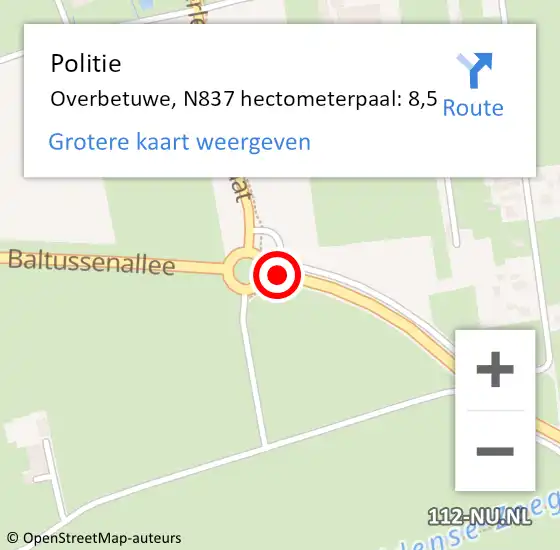 Locatie op kaart van de 112 melding: Politie Overbetuwe, N837 hectometerpaal: 8,5 op 17 oktober 2022 05:45