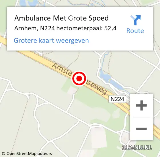 Locatie op kaart van de 112 melding: Ambulance Met Grote Spoed Naar Arnhem, N224 hectometerpaal: 52,4 op 17 oktober 2022 06:25